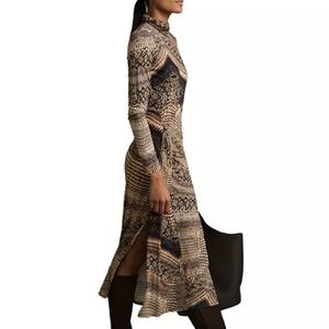 Reiss Naomi Brown and Black Patterned Long Sleeve ruched maxi Dress snakeskin